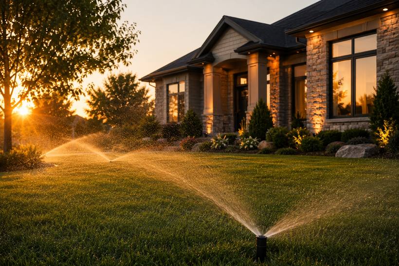 Smart sprinklers running at golden hour