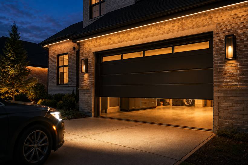 Garage door opening automatically at dusk with warm light