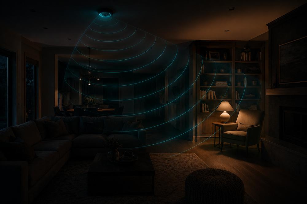 Millimeter-wave radar arcs sweeping a cozy living room, lighting only the occupied space